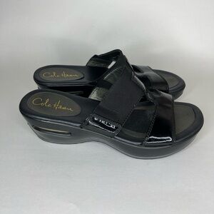 Cole Haan Sandals Slides Wedge Heels Women Size 7.5B Black Patent beautiful
